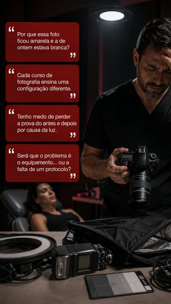 Profissional revisando um registro clínico mal iluminado, cercado de balões com pensamentos de frustração